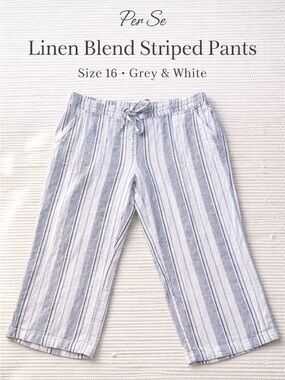 Per Se Womens Sz 1X Linen Blend Pants Grey White Striped